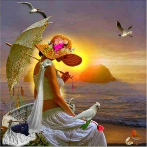 5D Diy Full Square Round Stone Resin Diamond Painting Cross Stitch Embroidery Seaside Bird and Girl Diamant Mosaic Friend Gift