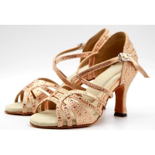 Evkoodance Ladies Latin Ballroom Dance Shoes Brown Rhineston Latino Dancing Shoes for Women 8cm Heeled Stain Salsa Dance Shoes