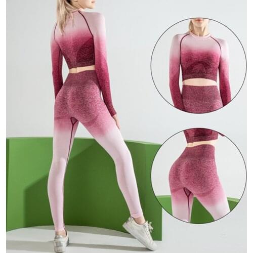 2 Pcs Seamless Yoga Set Gym Clothing Fitness Leggings+Cropped Shirts Sport Suit Women Long Sleeve Tracksuit Active Wear Gradient
