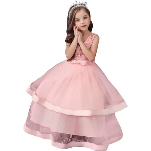 Kids Girls Formal Dress 3-11 Years Princess Elegant Floral Embroidery V-Neck Sleeveless One-Piece Party Dress for Summer Fall