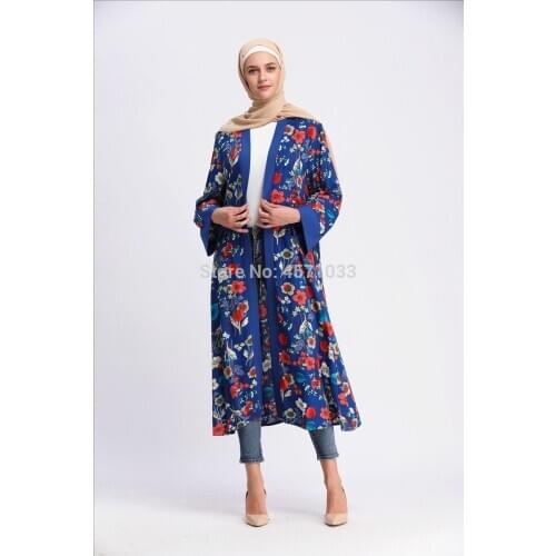 Elegant Muslim Print Abaya Floral Maxi Dress Cardigan Long Robes Tunic Kimono Ramadan Turkey Islamic Clothing Free shipping