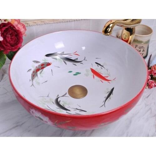 China Painting Fish Ceramic Painting Art Lavabo Bathroom Vessel Sinks Round counter top pottery sink