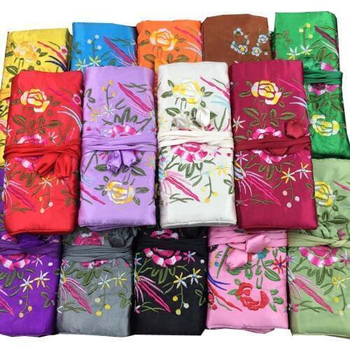Chinese Wind Silk Multifunctional Jewelry Organizer Pouches Zipper Bag Ring Bar Silk Embroidery Flower Bird Travel Roll Bag