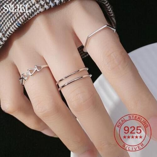 Genuine 925 Sterling Silver Geometric Rings For Women Wedding Jewelry S925 Ball Bar Triangle Beaded Round Rings Adjustable Size
