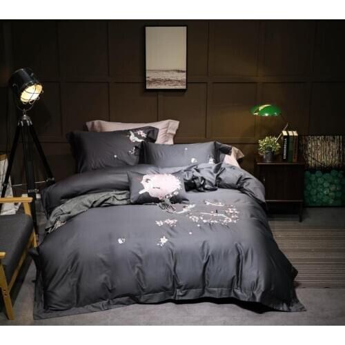 Chinese embroidery luxury Bedding set queen king size Duvet cover Bed sheet set 60S egyptian cotton silky fabric Plum blue grey