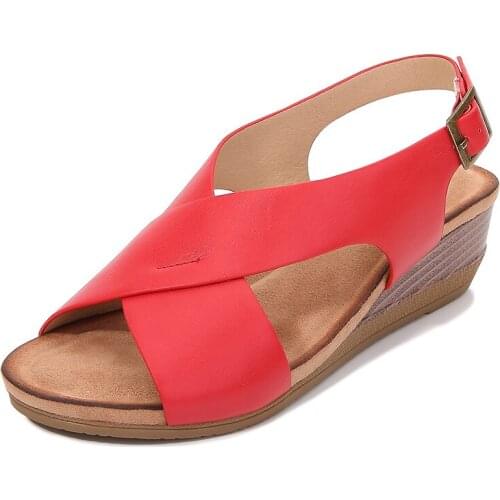 Summer womens sandals casual and comfortable side hollow shoes buckle wedge round toe sandals womens shoes