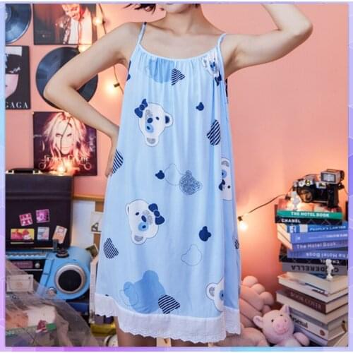 Cute Sexy Night Dress Womens Sleepwear Crepe Thin Vest Suspender Loose Nightie Long Nightgown Sweet Nightwear Home Sleep Top
