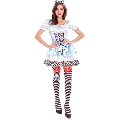 Cute Alice in Wonderland Maid Cosplay Costumes Adult Women Poker Queen Princess Dress +Headwear +Socks Halloween Costume C62K232