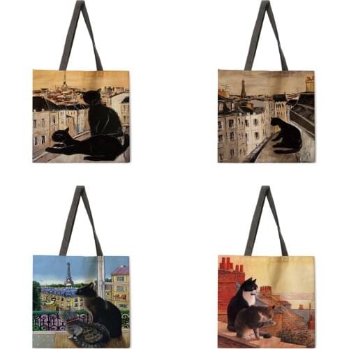 Reusable shopping bag black ink cat ladies tote bag casual tote bag linen tote bag