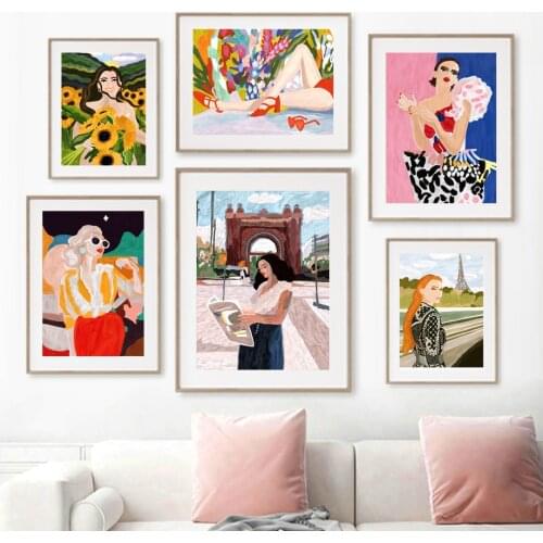 Fashion Girl Wolf Monstera Watercolor Abstract Wall Art Canvas Painting Posters And Prints Wall Pictures For Living Room Decor