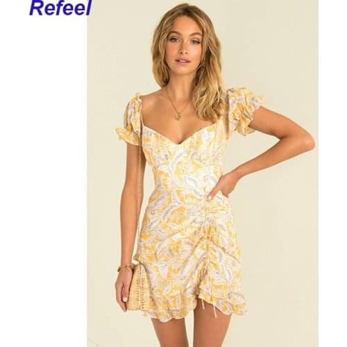 Fashion Summer Womens Dress Elegant Dresses Feather Print Puff Sleeve Female Drawstring Folds Ruffles Vacation
