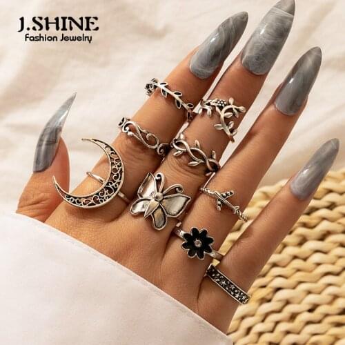 JShine 9Pcs/Set Bohemian Butterfly Moon Flower Rings Set for Women Aircraft Leaf Geoemtric Finger Ring Jewelry Accessories