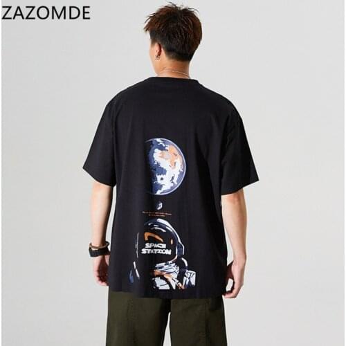 ZAZOMDE 2021 New Astronaut Print T-shirt Men Women Summer 100% Cotton Hip Hop Oversize Black White Men Streetwear Thirts