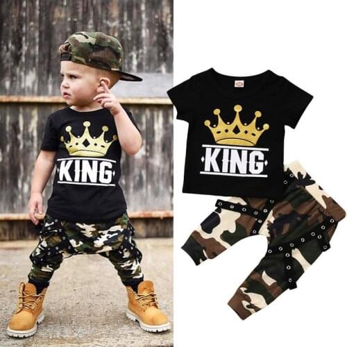 New Fashion Casual Toddler Kids Baby Boys Clothes Short Sleeve Tops T-shirt Camo Pants 2PCS Outfits Set