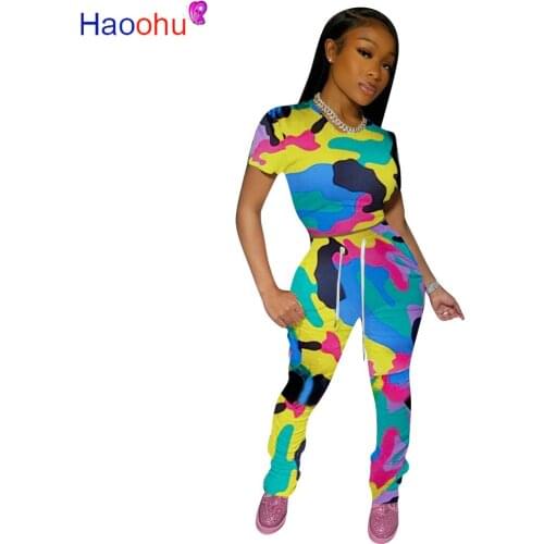 HAOOHU Sexy Camo Two Piece Set Summer Clothes for Women Tracksuit Crop Top and Stacked Pants Matching Sets Lounge Wear Outfits