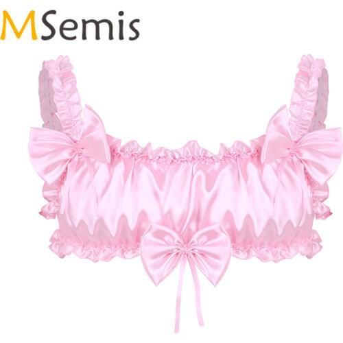 Sissy Gay Mens Lingerie Soft Satin Exotic Tanks Crop Top Nightwear Ruffled Frilly Bowknot Elastic Wide Straps Wire-free Bra Top