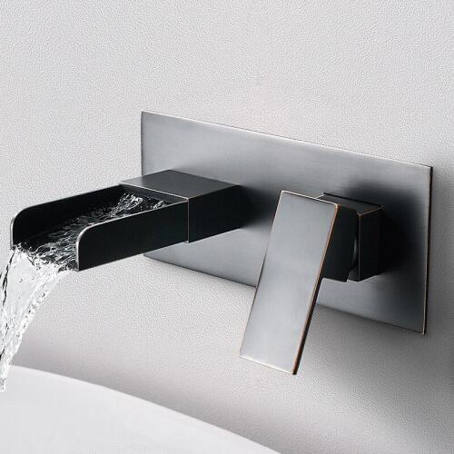Bathroom Basin Faucet Total Brass Waterfall In-Wall Hot & Cold Sink Mixer Tap Wall Mounted Black/Chrome Lavatory Water Crane Tap