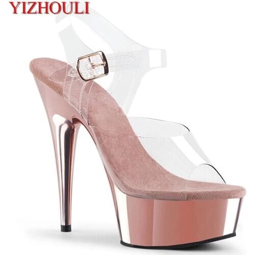 6 inch nightclub heels, stylish 15 cm rose gold plated stiletto heels, model pole dancing sandals