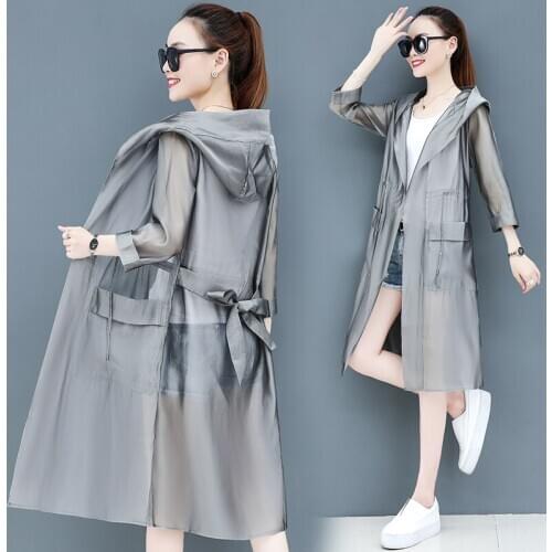 #5311 Pink Grey Long Windbreaker Women With Hood Casual Thin Loose Summer Trench Coat For Women With Belt See Through Overcoat