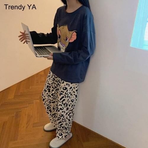Women Go to Bed Cute Cartoon and Leopard Print Homewear Pajamas Set Two-piece long-sleeved Trousers