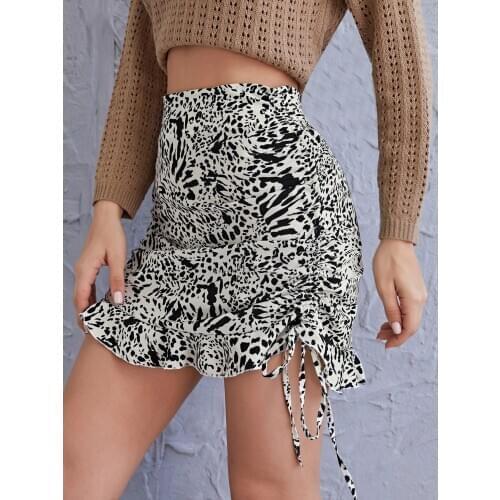 2021 Womens Drawstring Slim high Waist Leopard Print skirt Irregular Sexy Skirt New Spring Girls Ruffles Skirt
