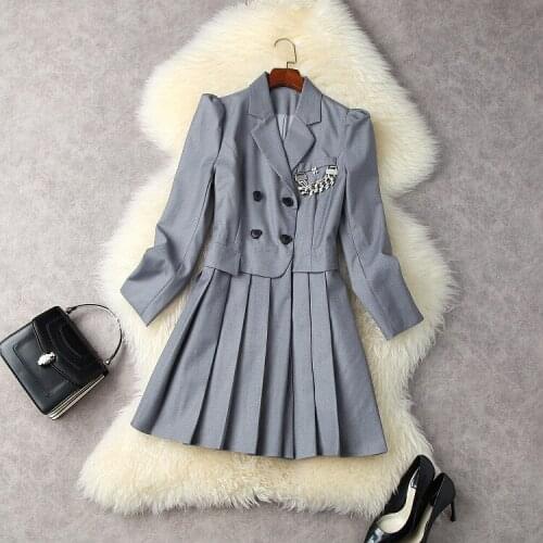 European and American womens wear new autumn 2022 Long sleeve suit collar double-breasted Fashion chain pleated dress