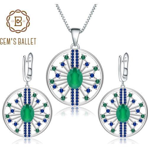 GEMS BALLET 925 Sterling Silver Round Earrings Pendant Sets For Women 3.88Ct Natural Green Agate Vintage Jewelry Set