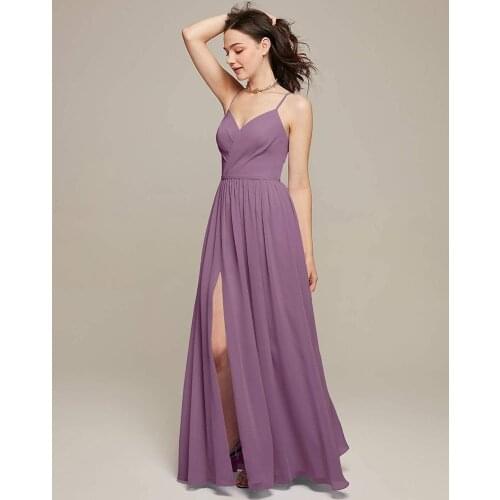 Women Spaghetti Strap Bridesmaid Dresses 2021 Party Wedding Chiffon V Neck High Split Backless Long Sleeveless Prom Maxi Dresses