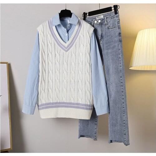 3 Piece Korea Shirts Sweet Sweater Vests Ankle Length Jeans Office Lady Womens Daily Casual Trendy Chic Women 2PC Sets Elegant