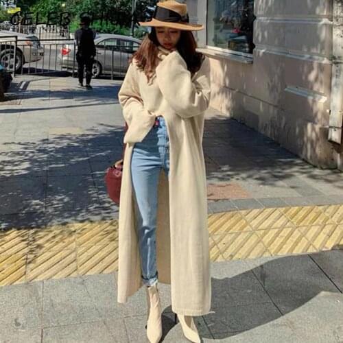 SHIJIA New Autumn Chic O-neck Long Sleeve Loose Female Knitted Pullovers Woman sweater Long Split apricot loose jumper femme