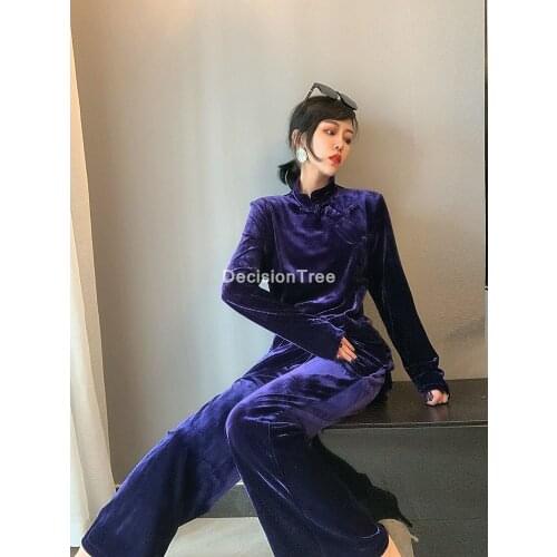 2021 women oriental qipao top+pants set chinese traditional clothing silk tang suit modern chinese cheongsam top pants set