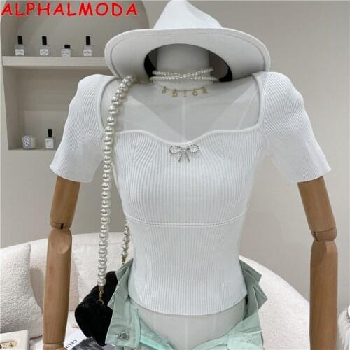 ALPHALMODA New Short Sleeve Knitted Top Womens 2021 Summer Square Neck Bow Fit Slim Trendy Jumper Knitted Sweater Top