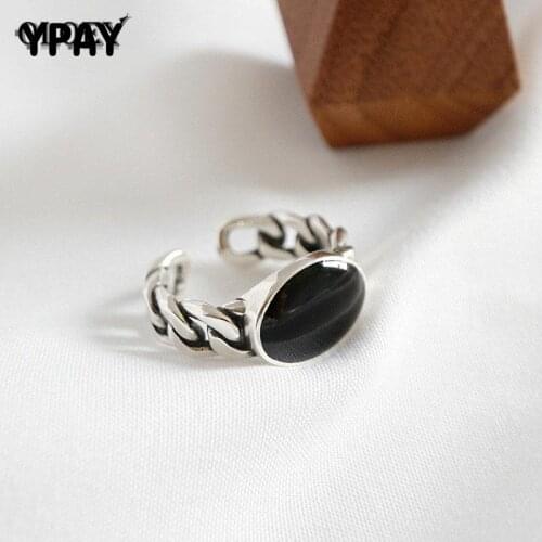 YPAY Vintage Black Epoxy Chain Finger Rings for Women Genuine 925 Sterling Silver Opening Adjustable Ring Fine Jewelry YMR267