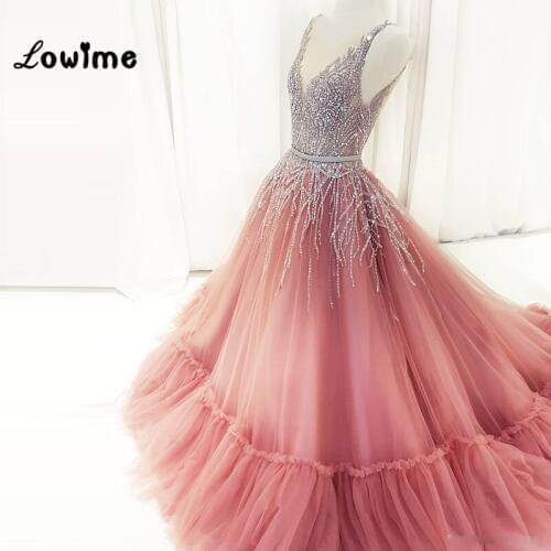 Sexy Vestido De Festa Deep V Neck Prom Dresses Long With Crystals Blush Pink Party Dress Gala Jurken Dress Elegant Evening Gowns