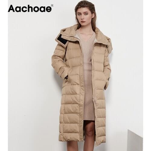Aachoae Solid Winter White Duck Down Coat Women With Belt Elegant Hooded Long Coats Lady Long Sleeve Casual Ultra Light Overcoat