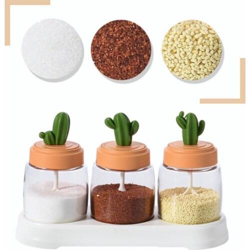 Seasoning Bottle With Cactus Lid & Spoon Transparent Glass Spice Jar Salt Sugar Pepper Powder Salt Glass Bottle kitchen Tools