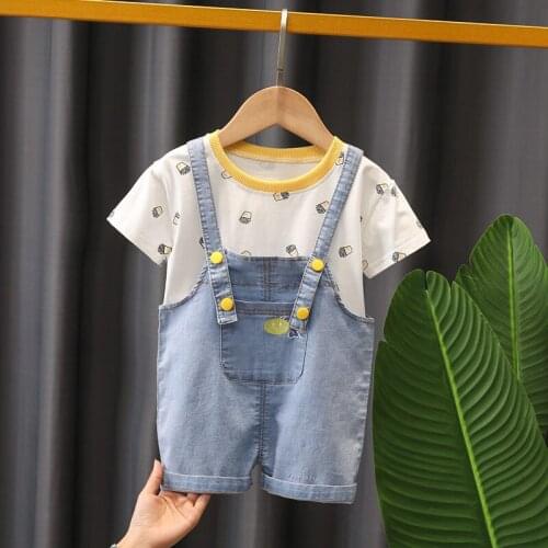 Summer Children Baby Boy Girls Infant Cartoon Printe Short Sleeve T-Shirt Denim Overalls 2Pcs/Set Toddler Clothing Kids Suits