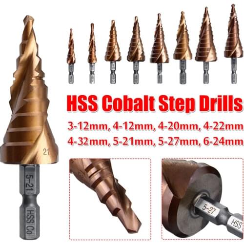 1/4 Inch Cone Hex Shank M35 HSS-Co Cobalt Step Drill Bit Spiral Grooved Taper Point Drill Hole Cutter For Metal , Steel Drilling