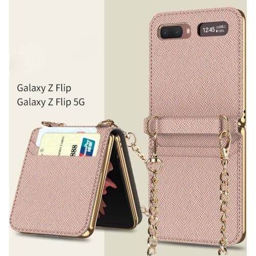 Magnetic Mirror Case for Samsung Galaxy Z Flip 5G Cover Makeups Bag Phone Case with Chain Strap Card Slot Shockproof Shell Case