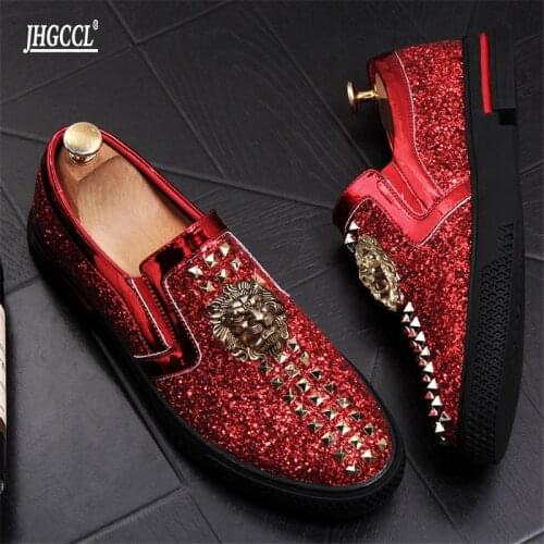 Red Silver Luxury Men Casual Loafers Slip-on Lazy Prom Flats Wedding Party Dress Shoes Sapato Social Masculino P5