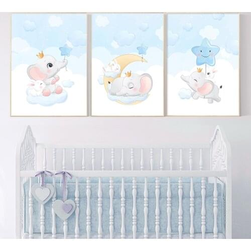 Cartoon Blue Elephant Moon Stars Modern Nursery Posters Canvas Painting Wall Art Print Picture for Kids Room Bedroom Home Decor
