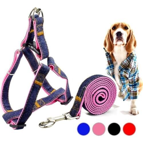 Dog Vest Harnesses Lead Set Denim Traction Rope Pug Large Dogs Harnesses Adjustable Pet Leash And Collar Set Dog Accessories