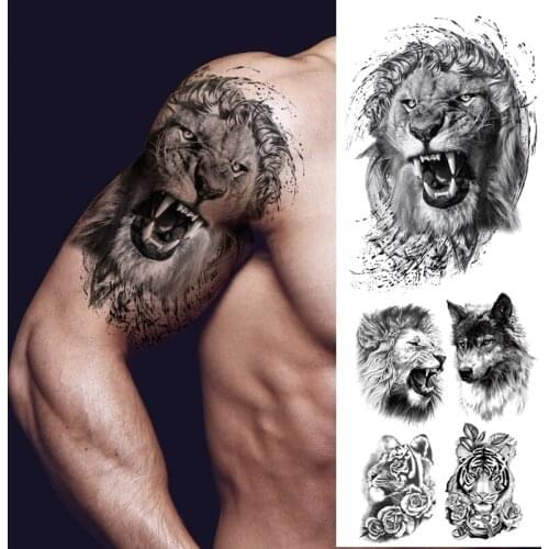 Wolf Lion Animals Temporary Tattoo Sticker Tiger Waterproof Tatto Warrior Forest Body Art Arm Sleeve Fake Tatoo Men Women Decal