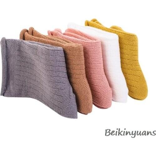 Autumn and winter childrens new straight strips of loose mouth pile socks Solid color vertical stripes men and women baby socks