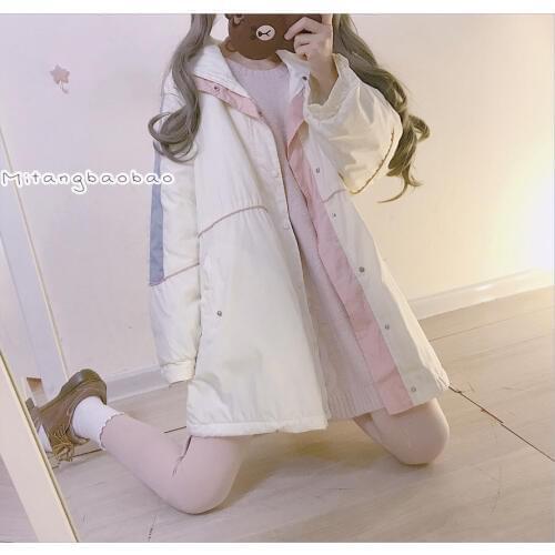 Warm Macaron Color Patchwork Cute Womens Winter Long Coat Loose Outwear Oversized Cute Girl Thin Student Style