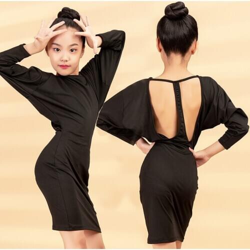 Latin Dance Dress Bat-Sleeved Backless Practice Dress Latin Performance Clothes Salsa Samba Costume Dress For Girls DNV14334