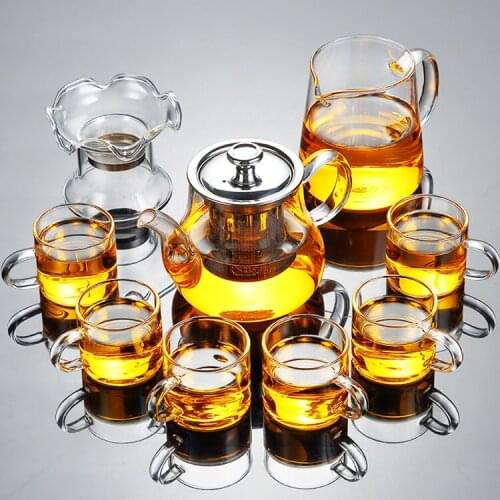 Transparent Glass Tea Set Kungfu Tea Cups Tablewares Simple Living Room Office Tea Pot Plate Bardak Seti Tea Service EI80TS