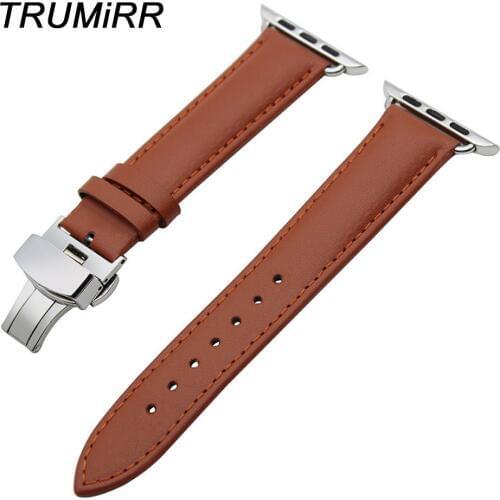 Calf Genuine Leather Watchband + Adapter for iWatch Apple Watch 38mm 42mm Butterfly Buckle Strap Wrist Band Bracelet Black Brown