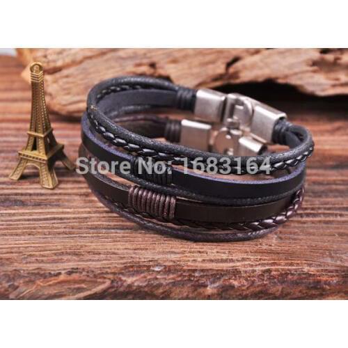 S535 NEW Charm Genuine Leather&Hemp Braided Bracelet Wristband Mens Cuff 2PC