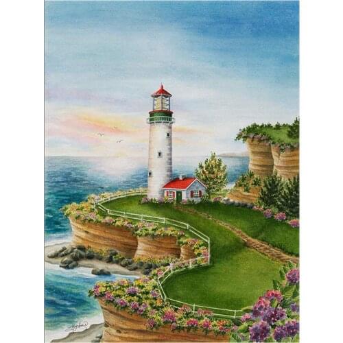 Counted Cross Stitch Kits Needlework Embroidery - Crafts 14 ct Aida DMC Color DIY Arts Handmade Home Decor - Lighthouse Sunset